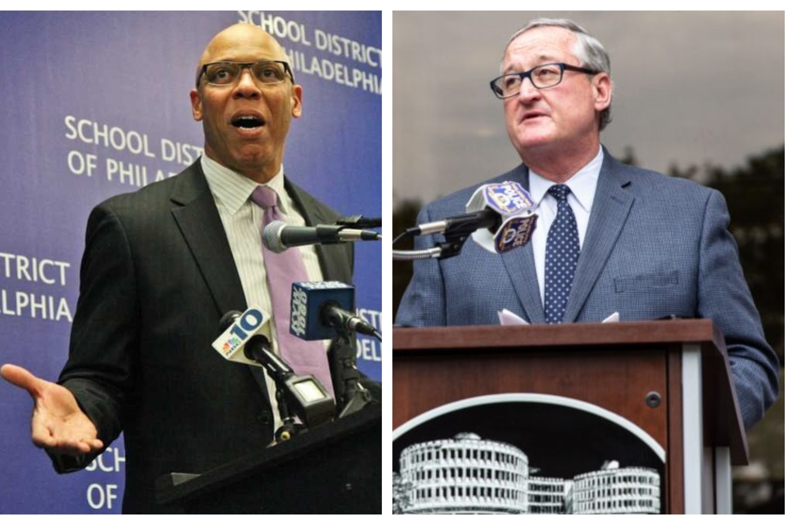 Split image of William Hite speaking at a microphone on the left and Jim Kenney speaking at a microphone on the right.