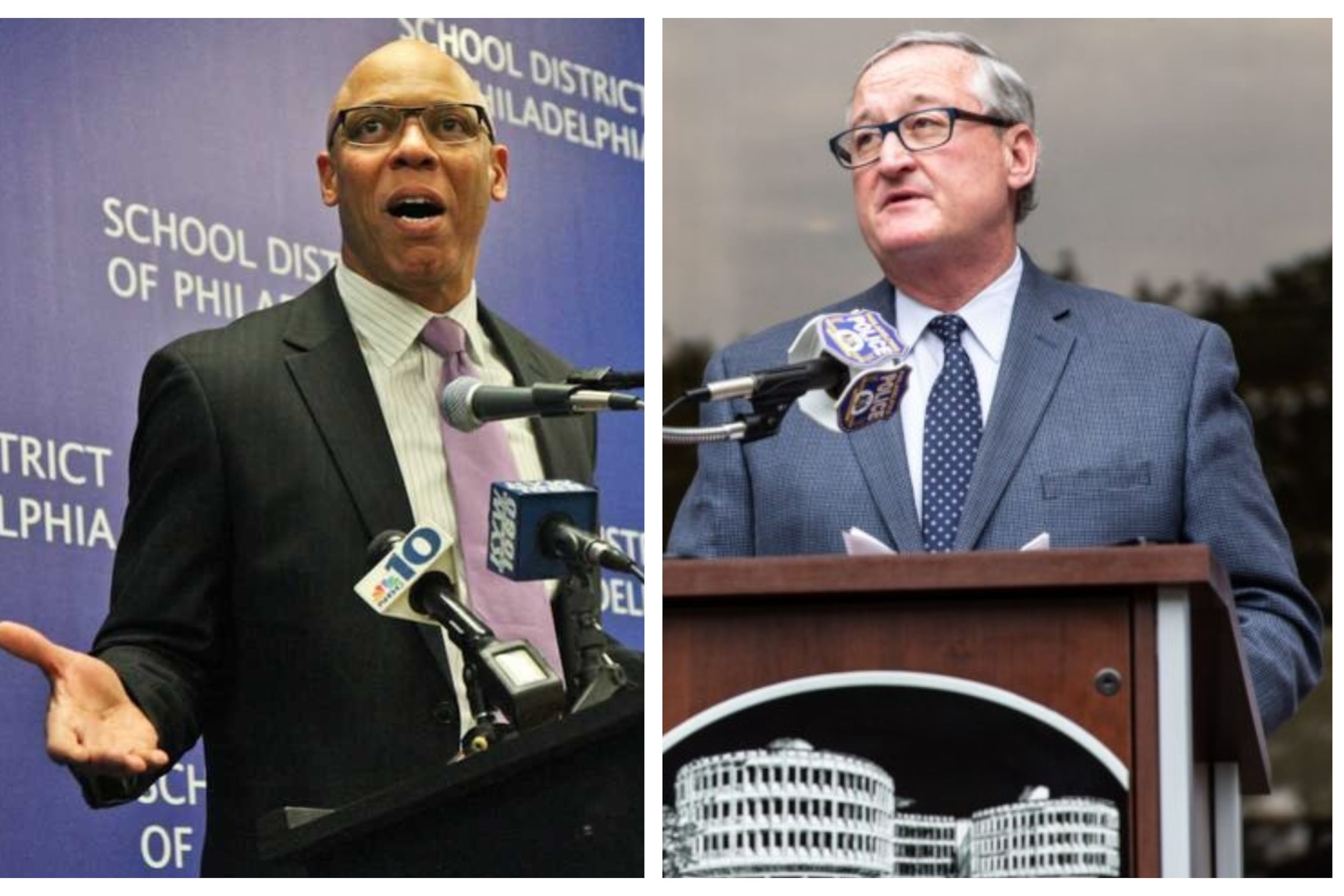 Split image of William Hite speaking at a microphone on the left and Jim Kenney speaking at a microphone on the right.