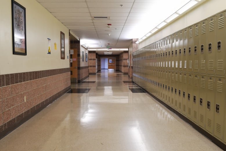 No students are in the hallway at Lakewood High School on March 16, 2020 in Lakewood, Colorado.