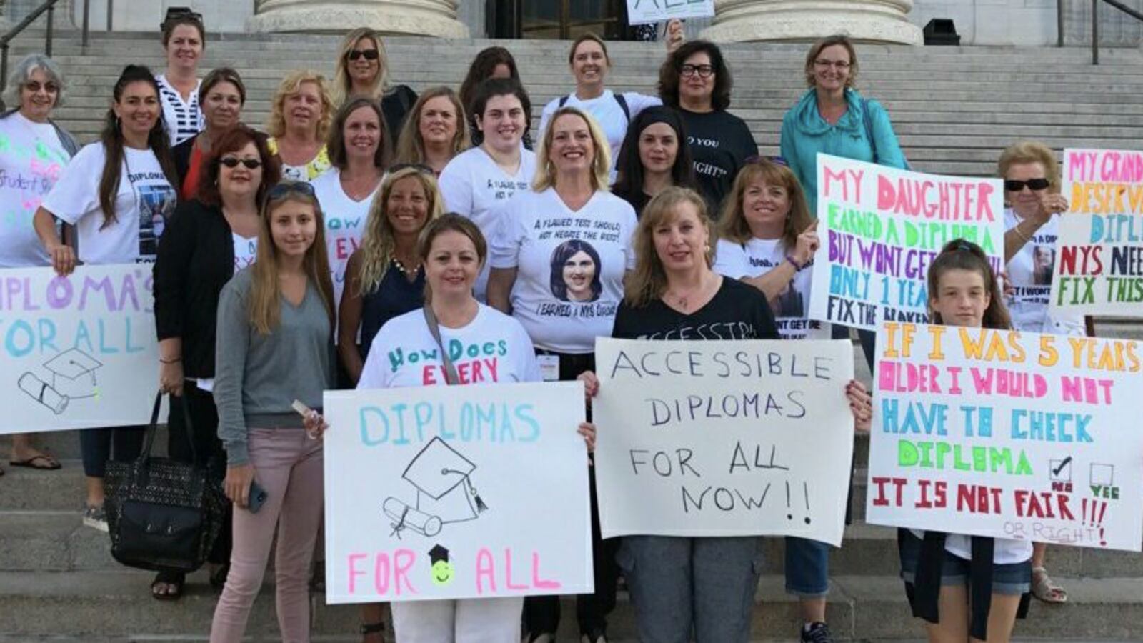 Parent rally outside the state education building for more diploma options. (Courtesy Betty Pilnik)
