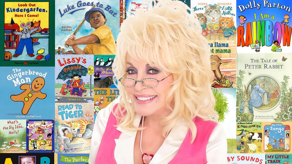 Country singer Dolly Parton in front of a mosaic of book covers.