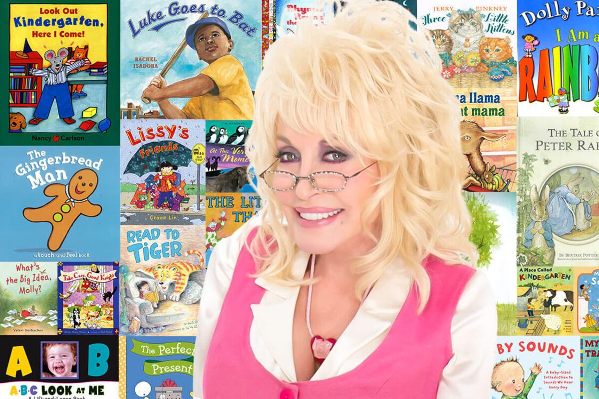 Country singer Dolly Parton in front of a mosaic of book covers.