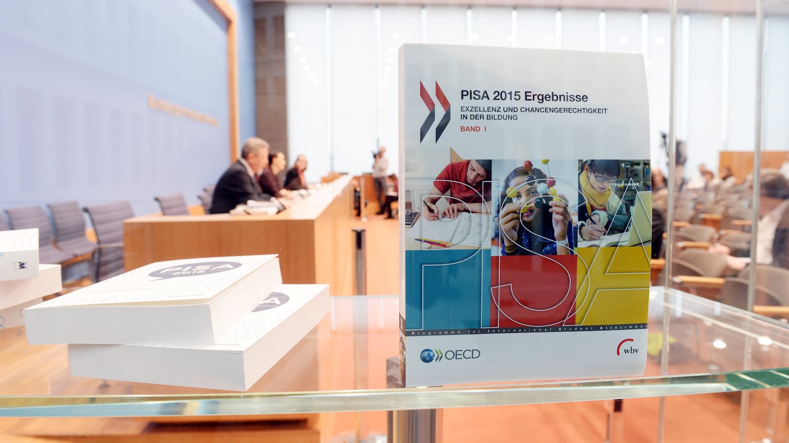 The OECD presented PISA results from 2015 at a press conference in Berlin, Germany, 6 December 2016. (Photo by Maurizio Gambarini/picture alliance via Getty Images)
