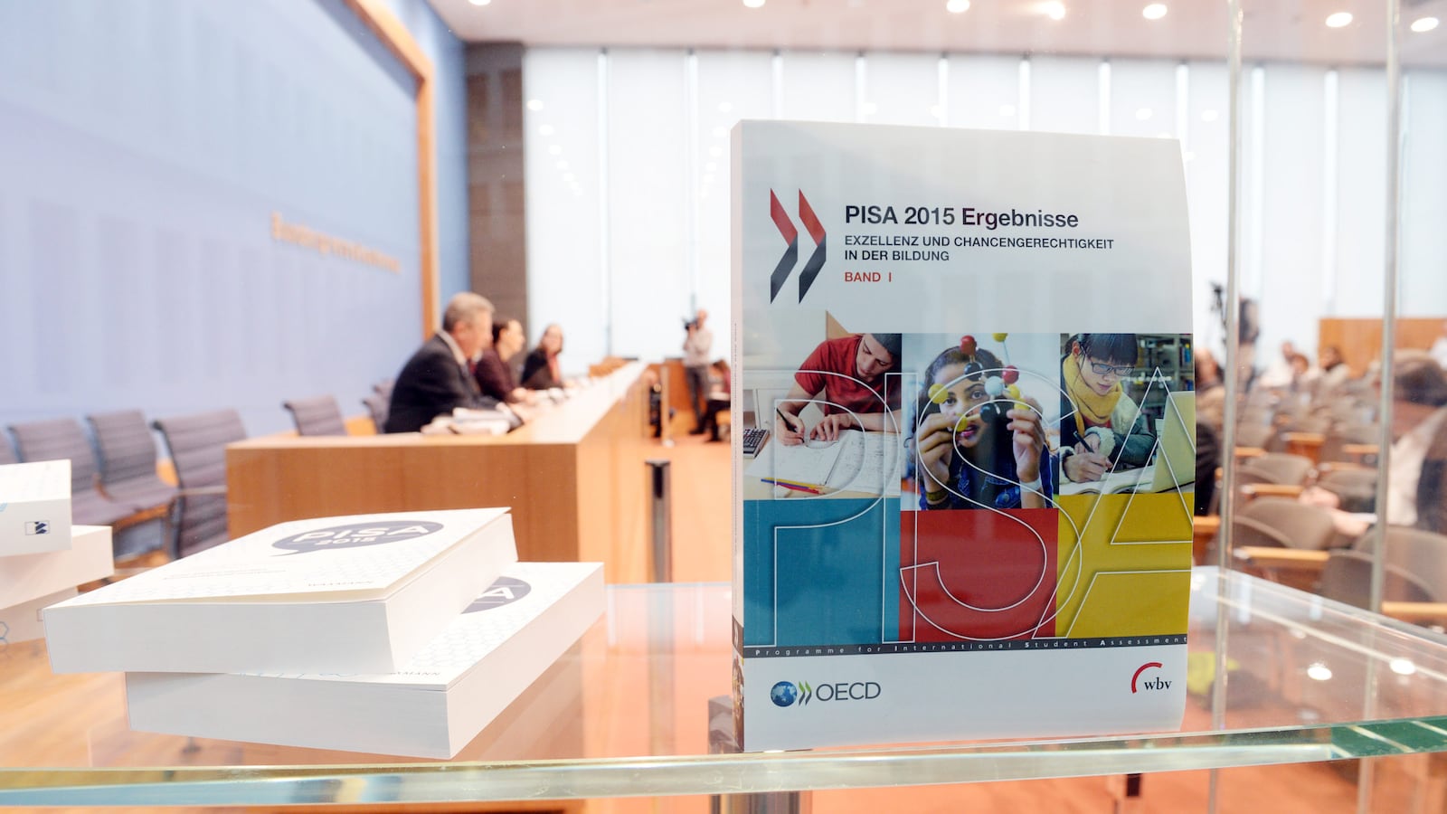 The OECD presented PISA results from 2015 at a press conference in Berlin, Germany, 6 December 2016. (Photo by Maurizio Gambarini/picture alliance via Getty Images)