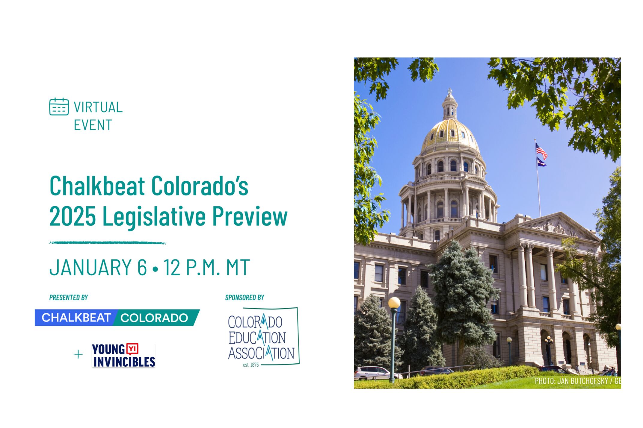 A diptych showing a white flier with green text and on the right is a photo of the Colorado State Capitol.