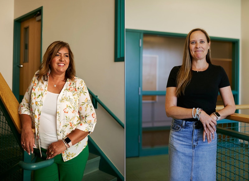 A diptych of two women posing for a portrait inside of a school.
