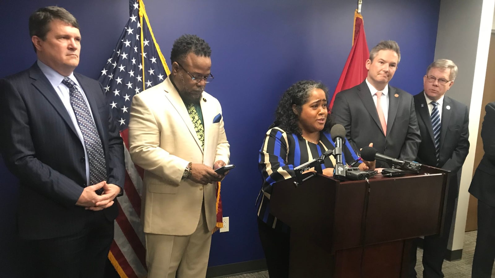 Sen. Raumesh Akbari of Memphis speaks Wednesday during a news conference in which Democrats blasted the state's level of funding for Tennessee public schools. From left: Rep. Mike Stewart of Nashville, Rep. Antonio Parkinson of Memphis, Akbari, Sen. Jeff Yarbro of Nashville, and Rep. Dwayne Thompson of Cordova.