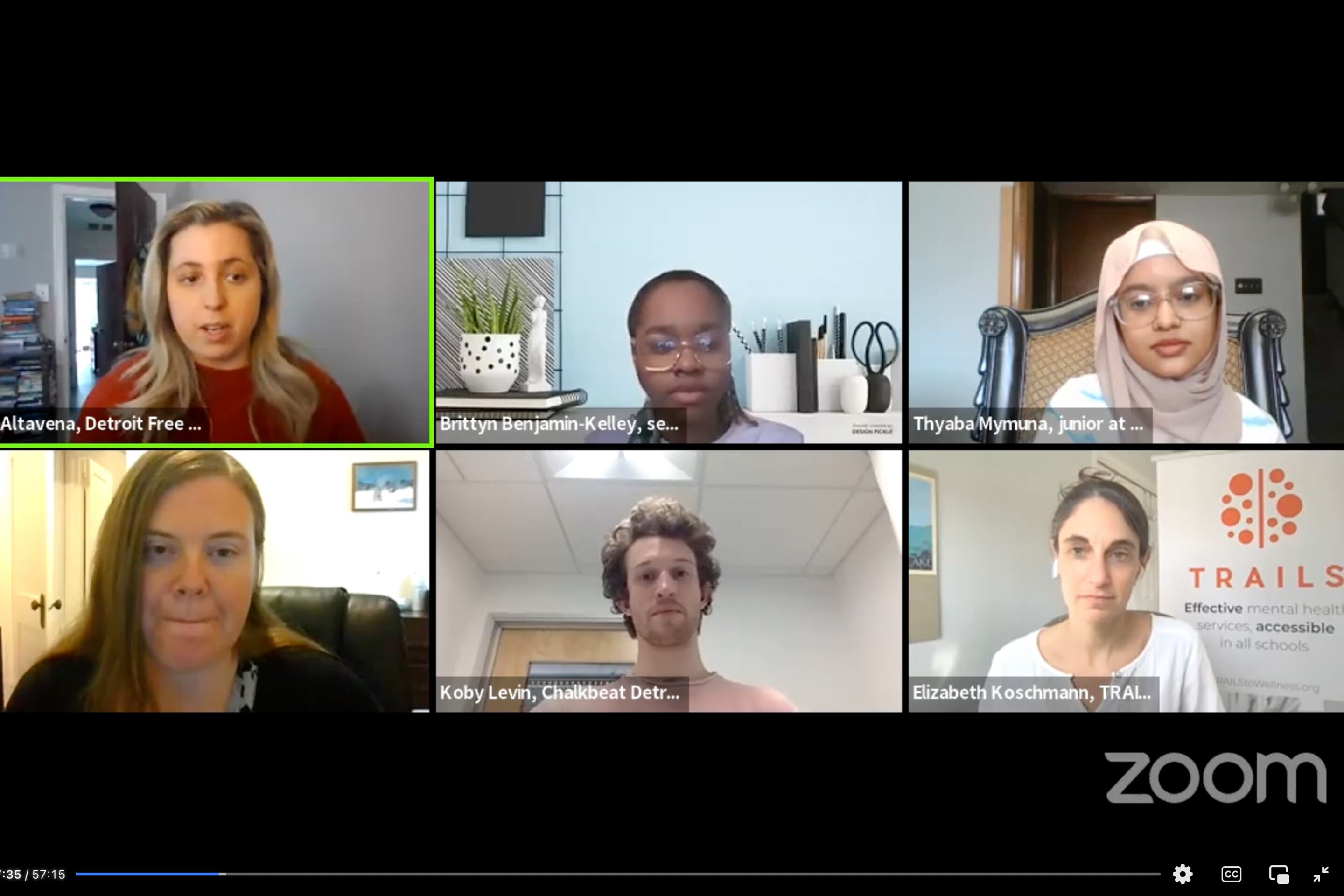 Speakers participate in a virtual event about student mental health on Zoom.