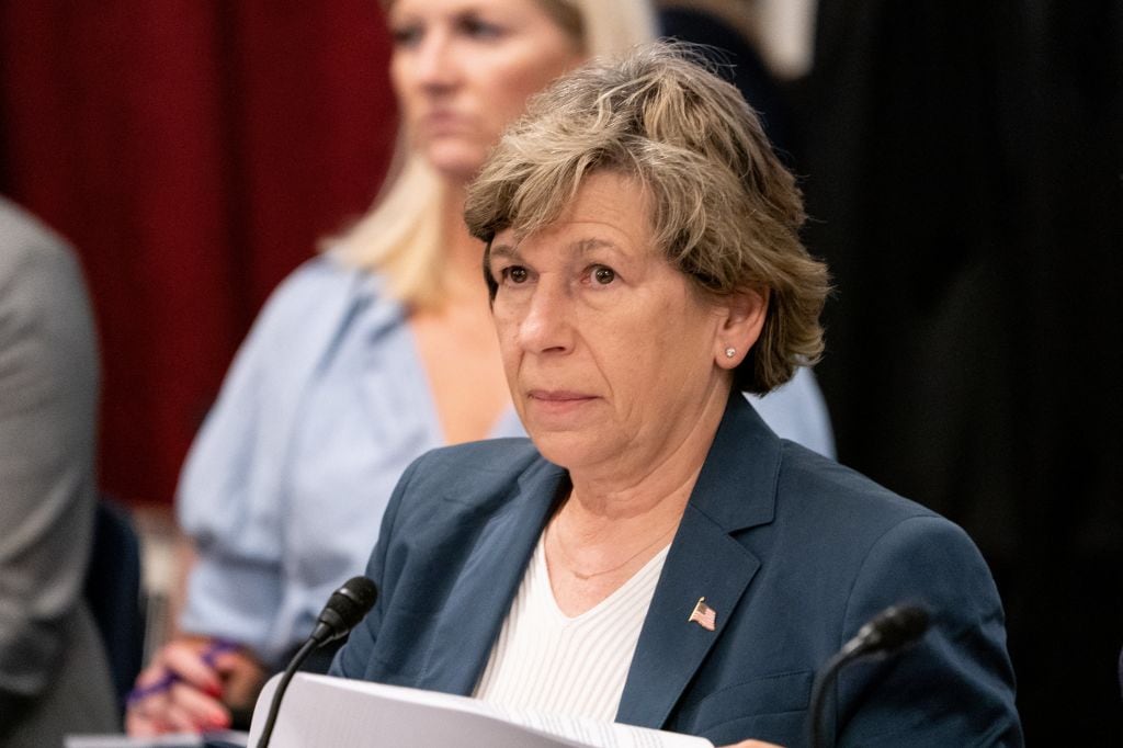 Randi Weingarten sits at a table ready to speak into a microphone. She is a middle-aged woman with short sandy hair and she's wearing a navy blazer and a white blouse.