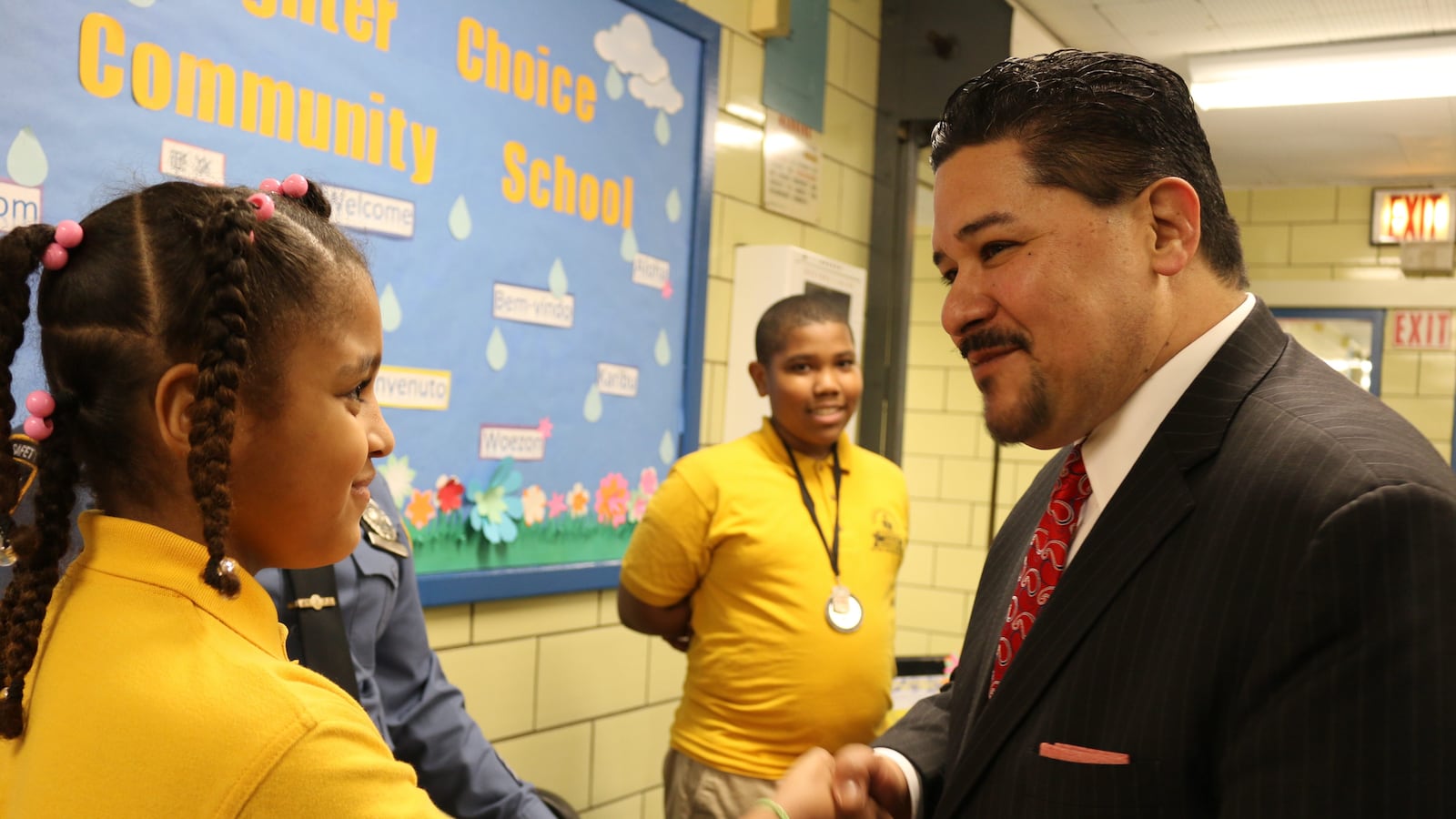 Carranza shook hands with students at Brighter Choice Community School in Brooklyn on the second day of a week of school tours.