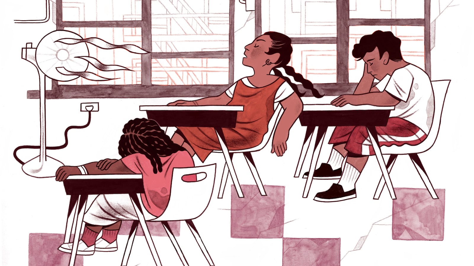 An illustration with different shades of dark red, purple and black on a white background showing three students suffering through a hot classroom during class. There is one fan going on the far left side.