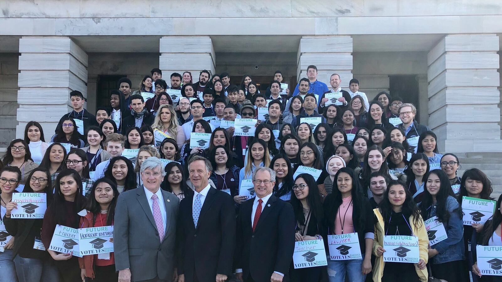 Undocumented students from across Tennessee pose Tuesday on the steps of the State Capitol with Gov. Bill Haslam, Rep. Mark White, and Sen. Todd Gardenhire. Brought to Nashville by the Tennessee Immigrant and Refugee Rights Coalition, the students met with lawmakers and lobbied for a bill that would give them access to in-state college tuition, regardless of their immigration status. The students came from Chattanooga, Knoxville, Johnson City, Memphis, Murfreesboro, Nashville, and Sevierville. W