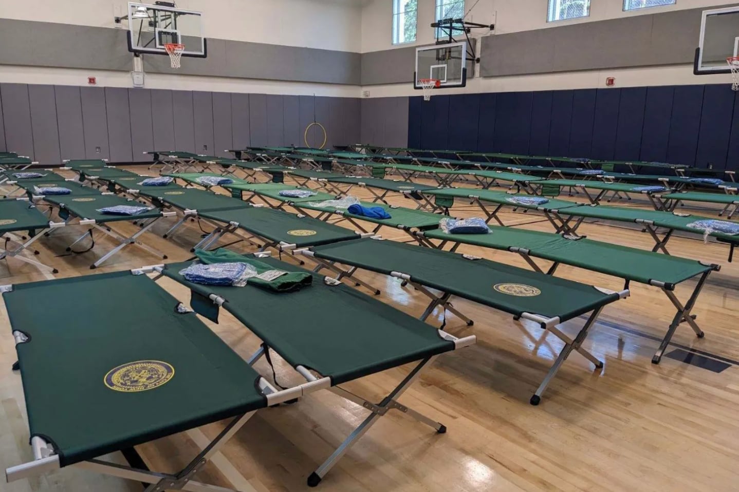 A temporary shelter inside P.S. 172’s gym in Sunset Park, Brooklyn.