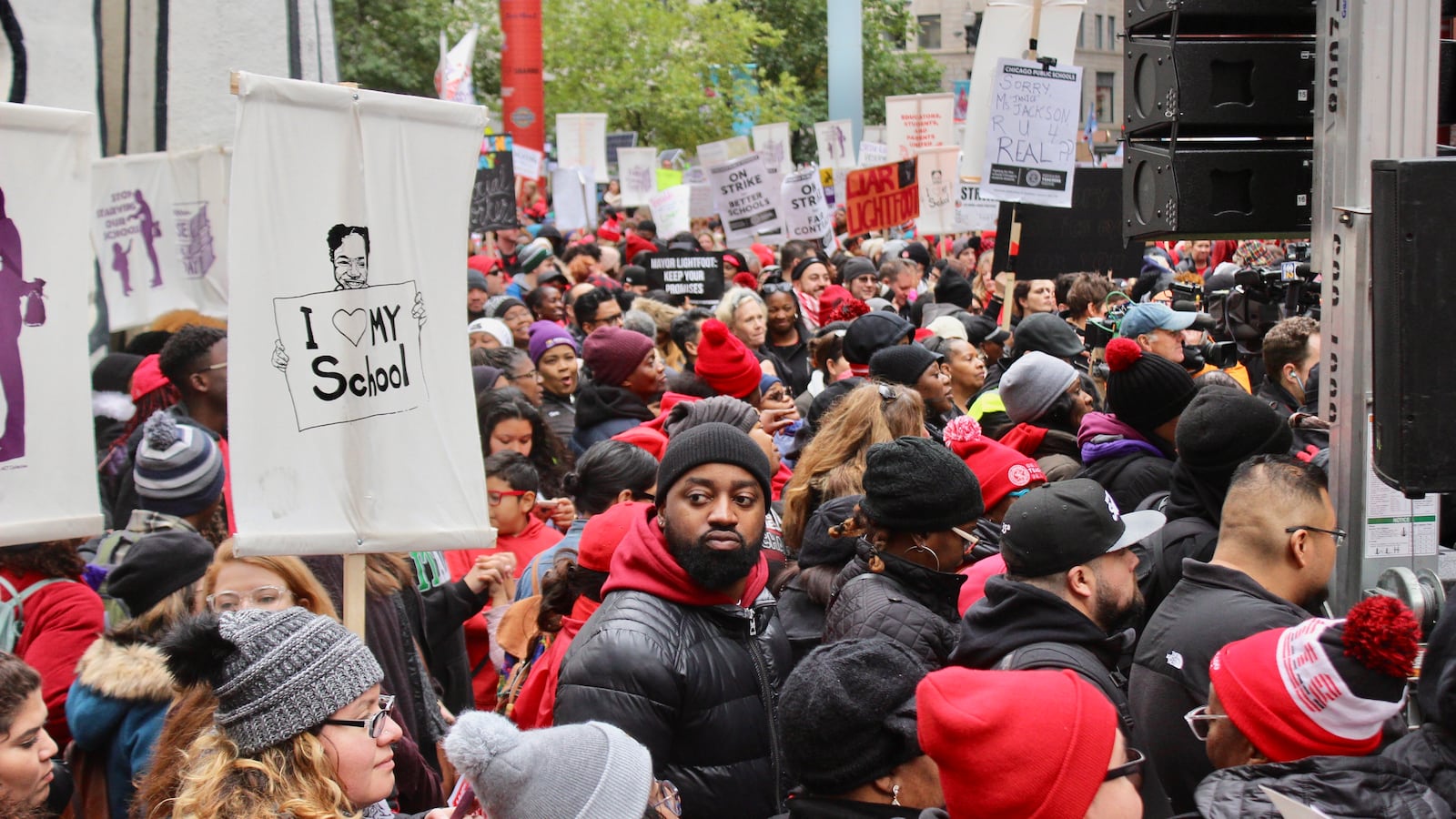 Teachers gather outside of the Thompson Center in downtown Chicago on the fifth day of a strike in October 2019.