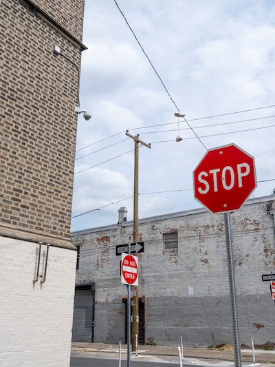 Stop signs at an intersection.
