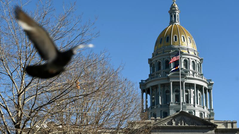 The Colorado state Capitol, with a bird flying in front of a nearby tree.