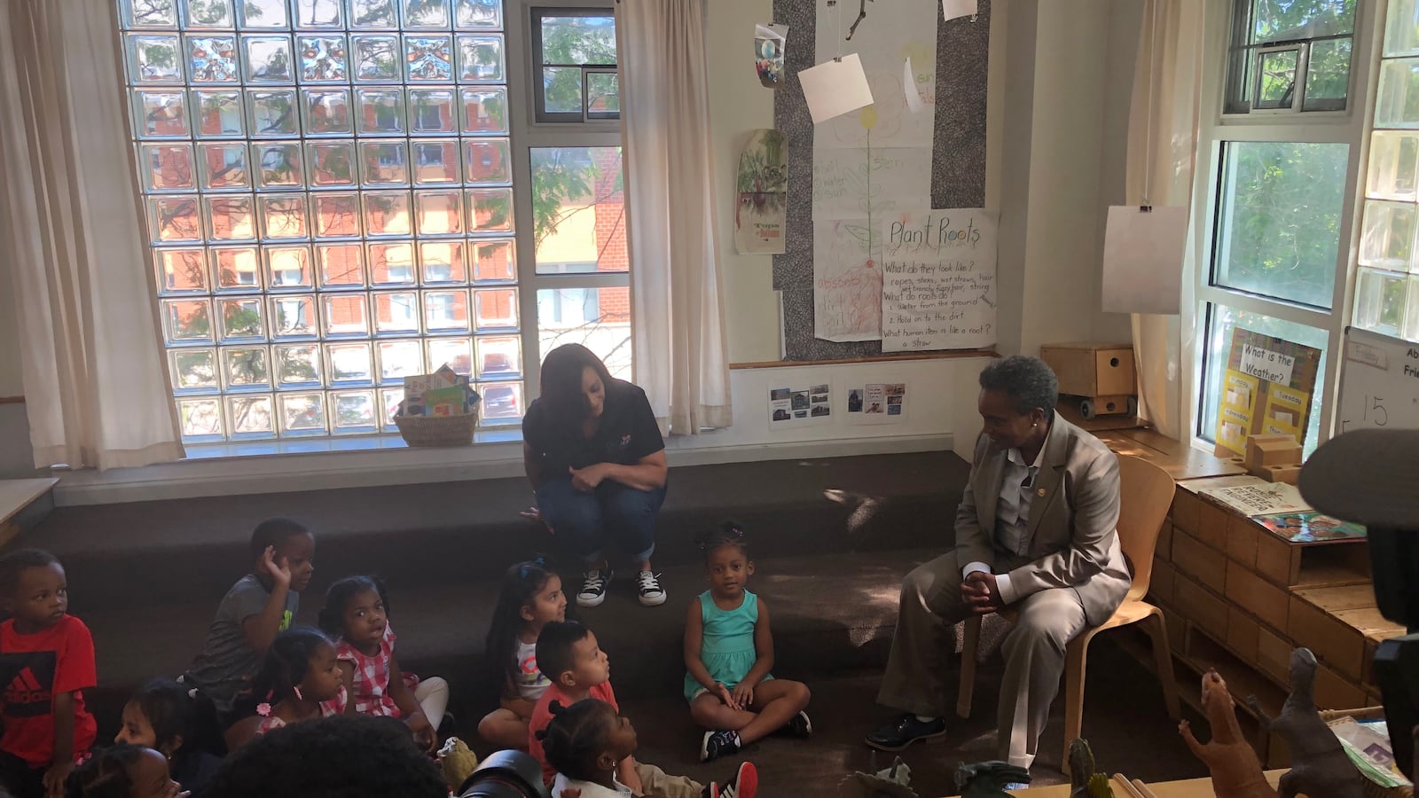 Chicago Mayor Lori Lightfoot speaks to a group of 3-, 4-, and 5-year-olds Aug. 9, 2019, at Chicago Commons Nia Learning Center in West Humboldt Park.