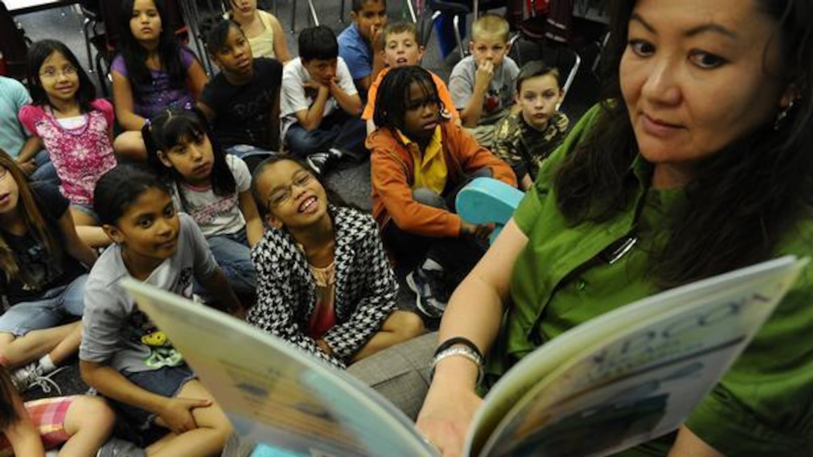 Lisa Ragan reads to her third-grade class at Marrama Elementary School in Denver.