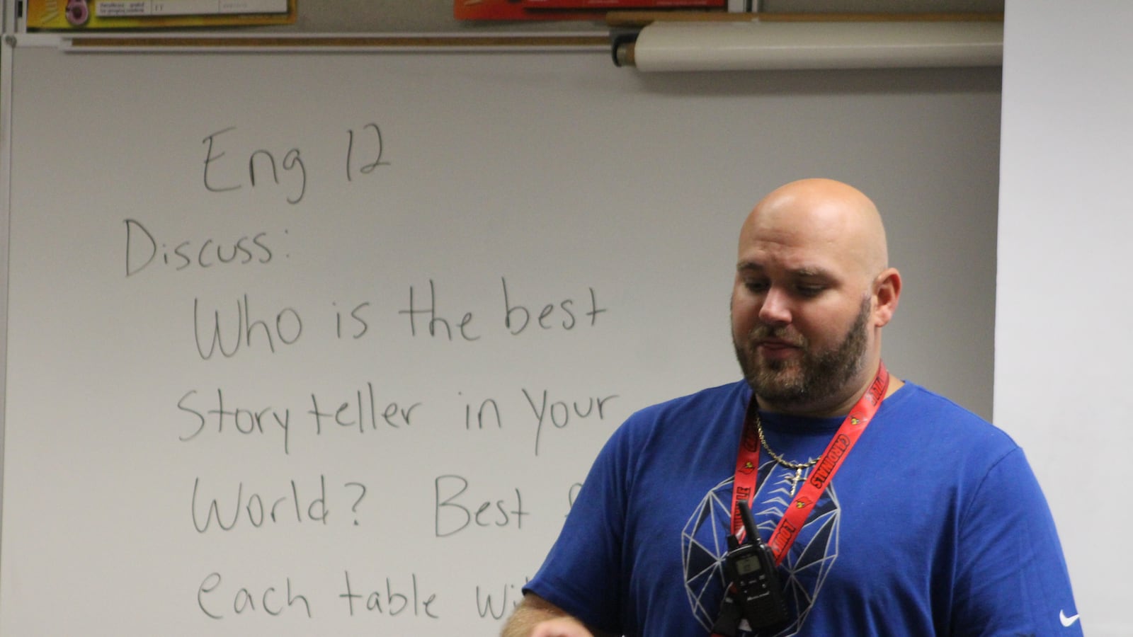 Austin High School teacher Brandon Stagnolia welcomes his English 12 students to their fourth day of school.