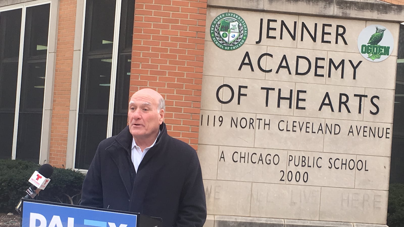 Bill Daley spoke outside Jenner School on Jan. 10 about his plan for "Neighborhood School Councils," which would replace the current system of Local School Councils.