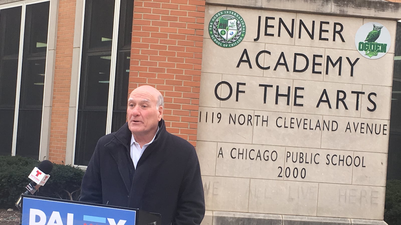 Bill Daley spoke outside Jenner School on Jan. 10 about his plan for "Neighborhood School Councils," which would replace the current system of Local School Councils.