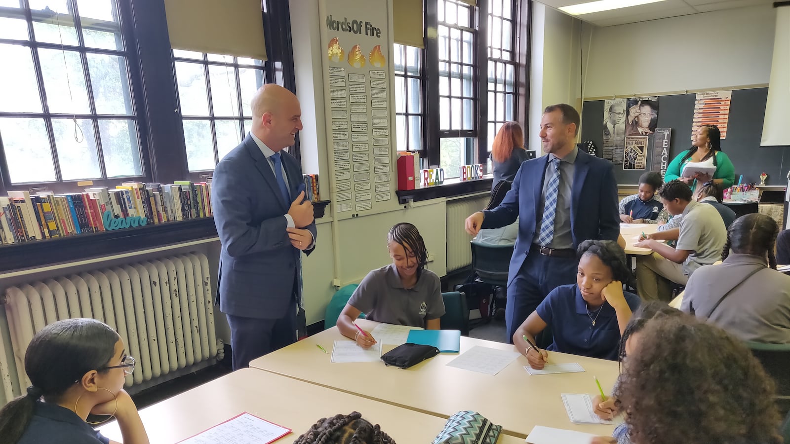 Nir Saar, right, and Superintendent Nikolai Vitti on the first day of classes at the School at Marygrove, the ambitious new school Saar helped found. He has been placed on administrative leave.