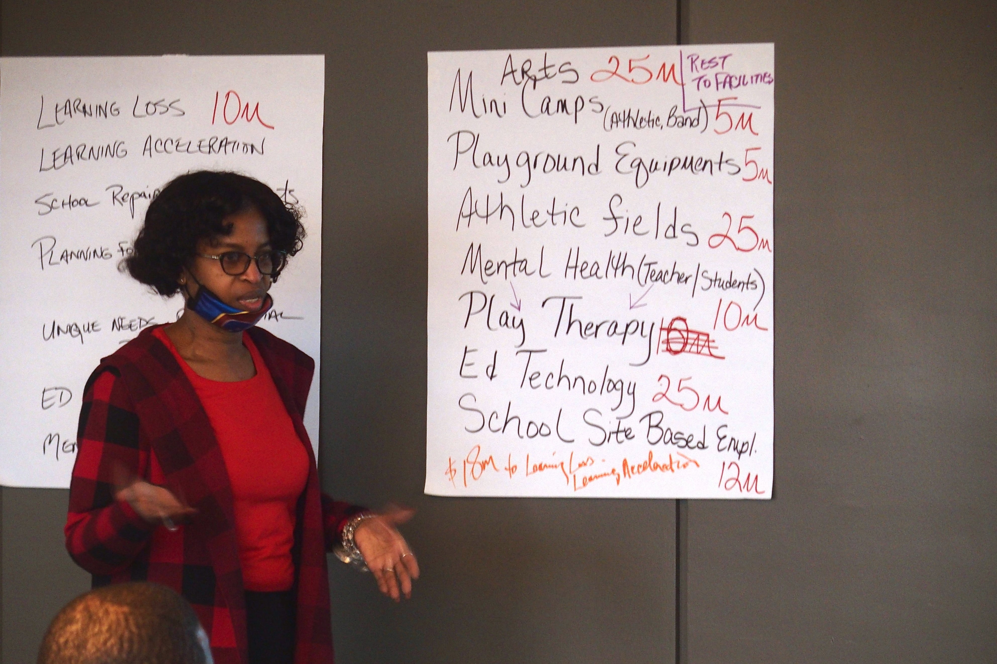 Joyce Dorse-Coleman stands next to a list of ideas posted on the wall and presents to board members and district administration.