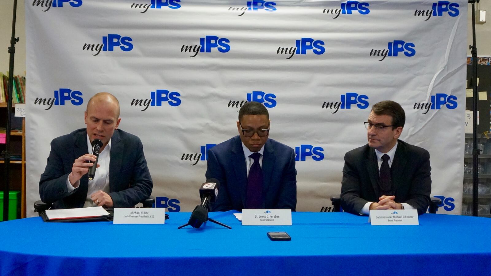 Indy Chamber CEO Michael Huber, IPS Superintendent Lewis Ferebee, and IPS Board President Michael O'Connor during a press briefing Monday night.