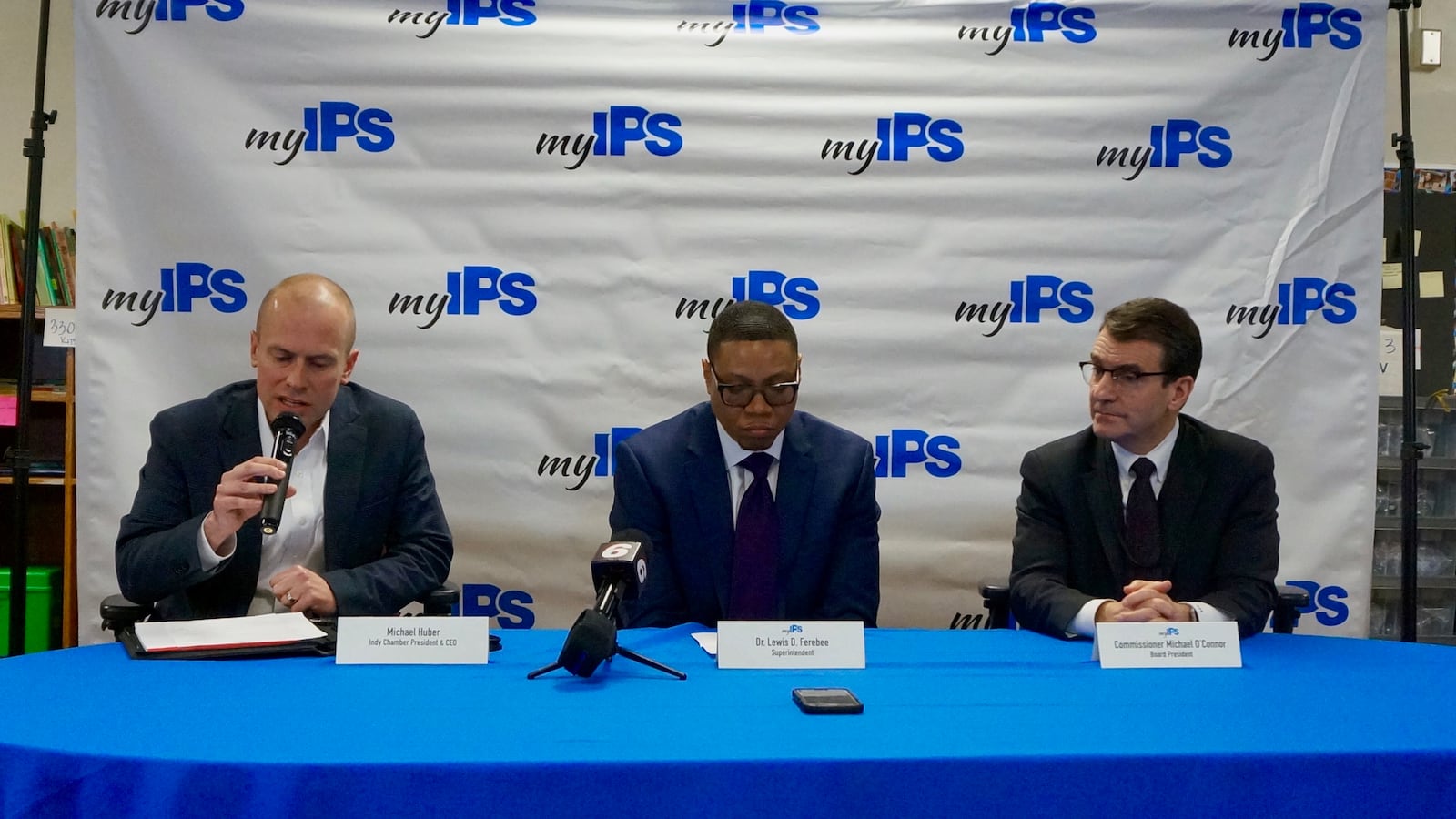 Indy Chamber CEO Michael Huber, IPS Superintendent Lewis Ferebee, and IPS Board President Michael O'Connor during a press briefing Monday night.