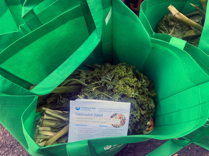 A bird's eye view photograph of three green tote bags sitting on the ground full of greens and a piece of paper with a receipt on it.