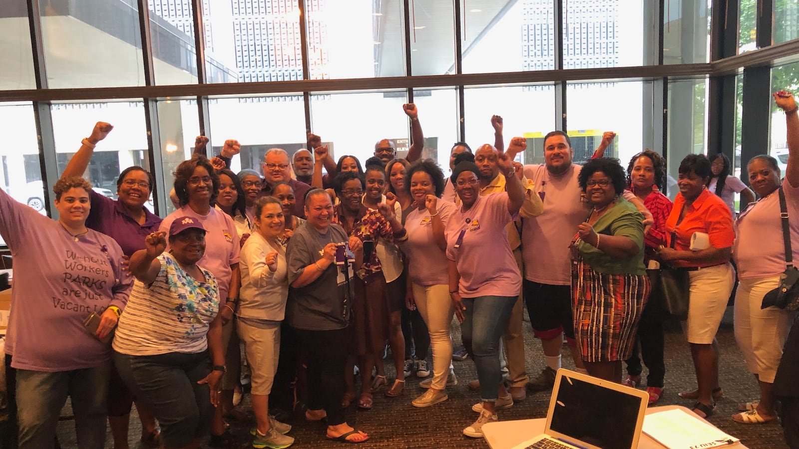 SEIU Local 73 members in Chicago celebrate their overwhelming vote in favor of authorizing a strike.