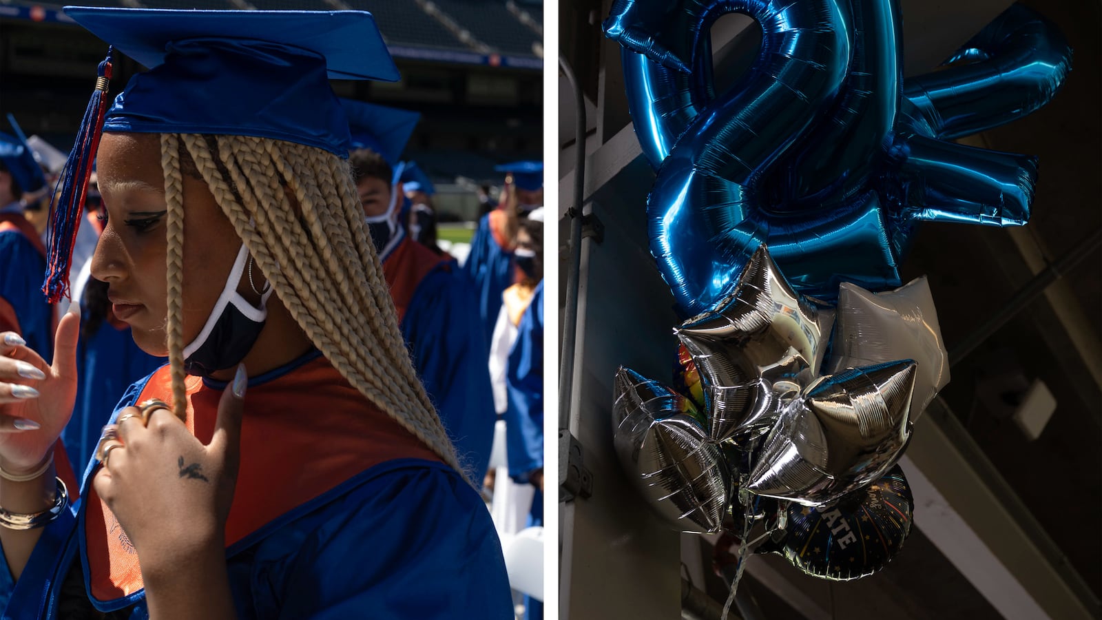(Left) A young woman with long braided hair wearing blue and orange graduation regalia adjusts her cap. (Right) Blue and silver decorative balloons for the class of 2021 hang in the air.