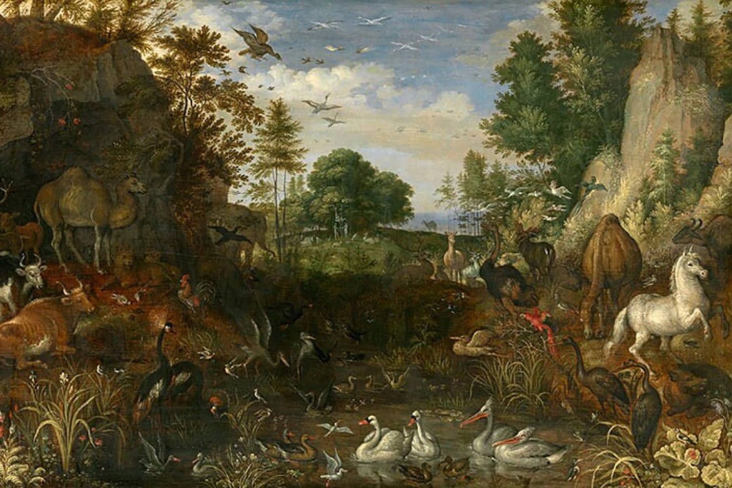 A photograph of a painting with animals and trees in a valley with clouds and blue sky in the background.