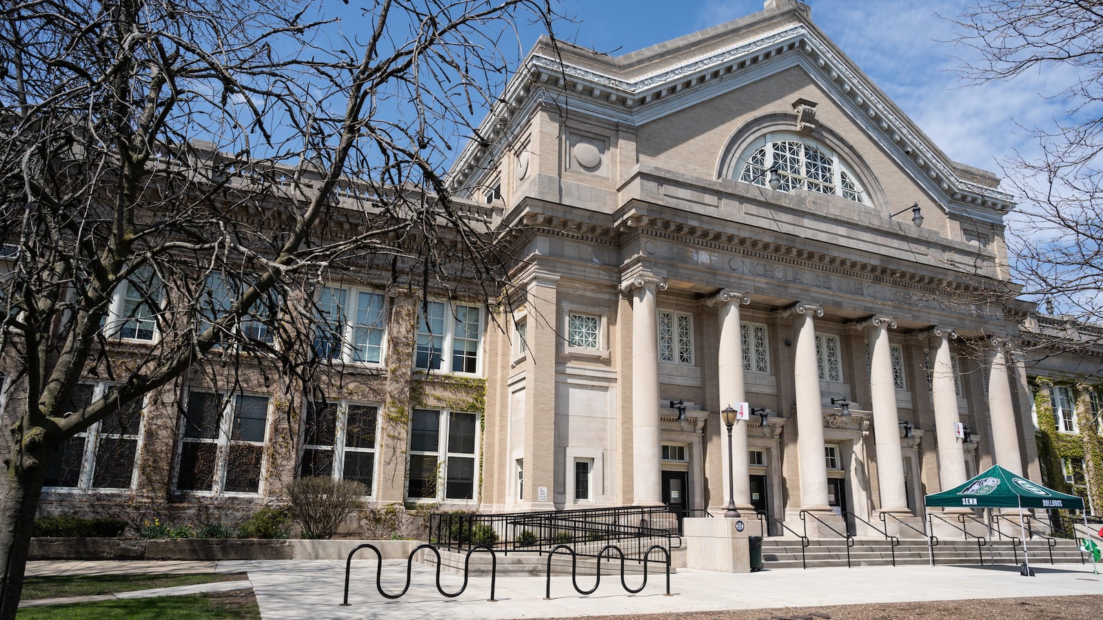 The exterior of Senn High School seen on April 23, 2021.