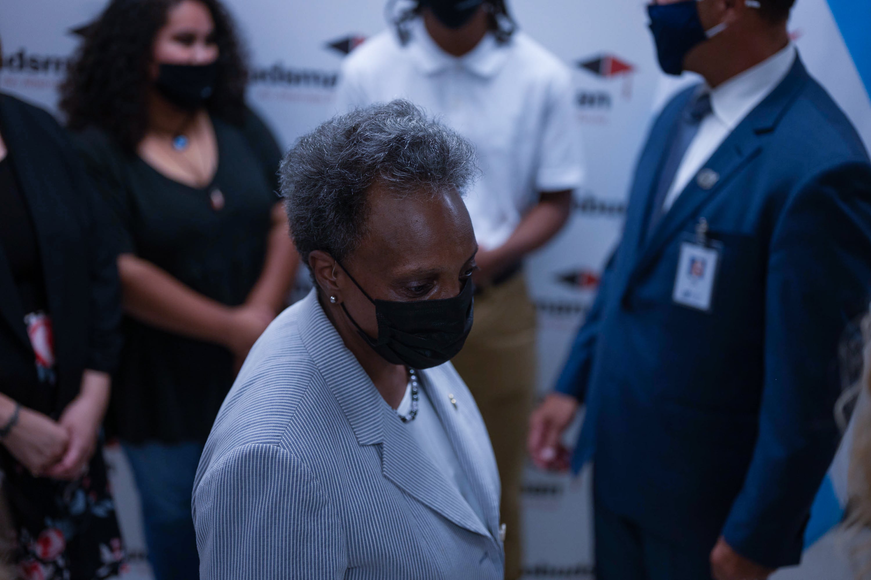 Chicago Mayor Lori Lightfoot wears a mask on the first day of school.