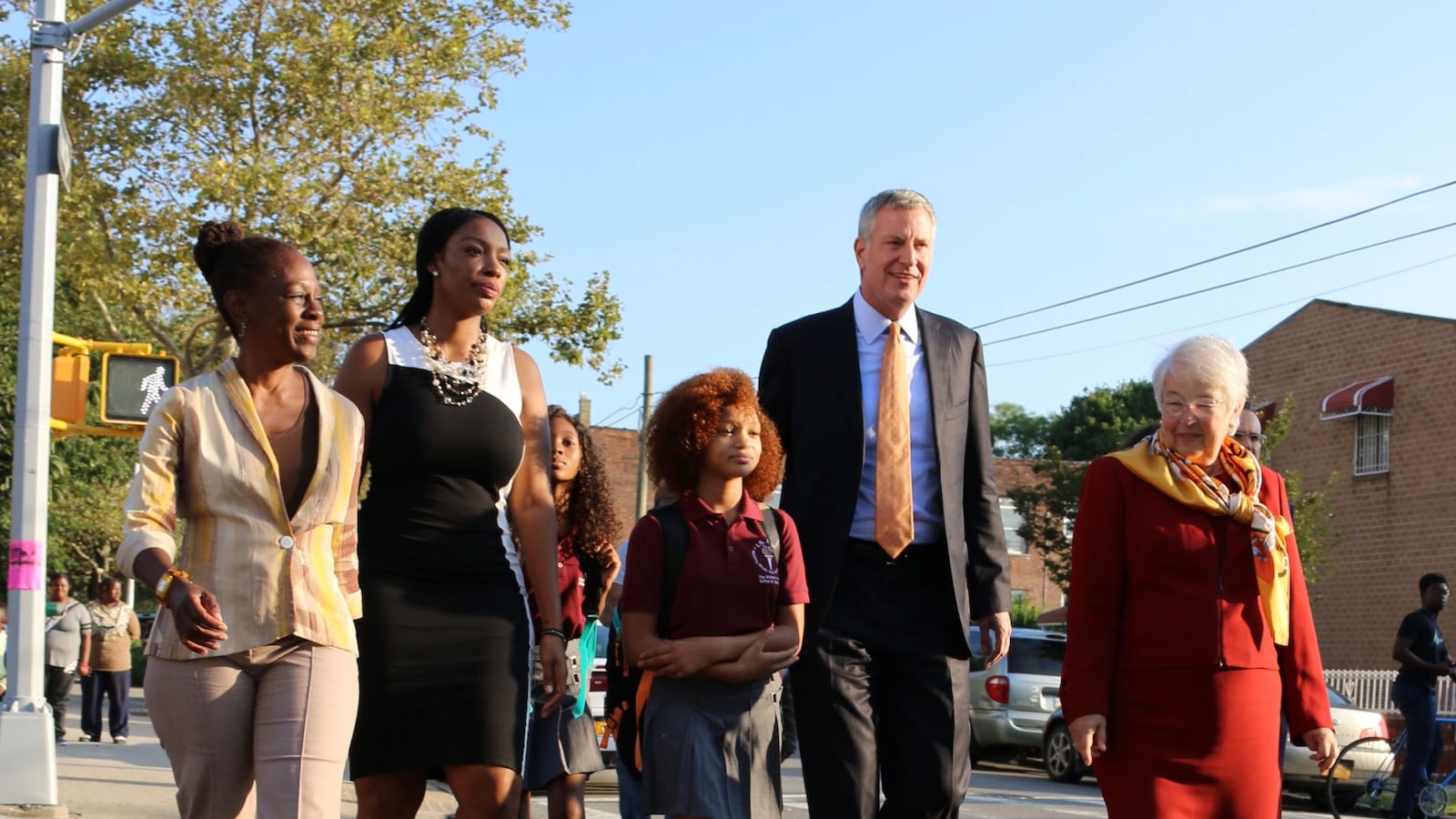 First Lady Chirlane McCray (far left), walks with guidance counselor  Rashida Sealy (left), student Chyna Huertas (center), Mayor Bill de Blasio (right) and schools Chancellor Carmen Fariña.