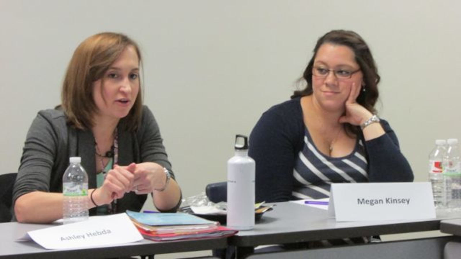 Teachers Ashley Hebda and Megan Kinsey discuss teacher evaluation at a meeting hosted by TeachPlus last year.
