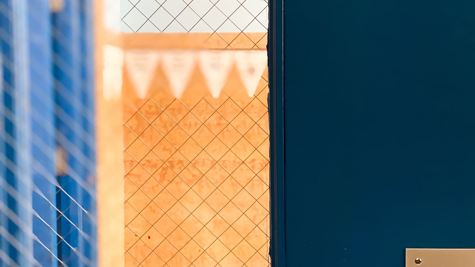 A closed blue door with a window into a classroom.