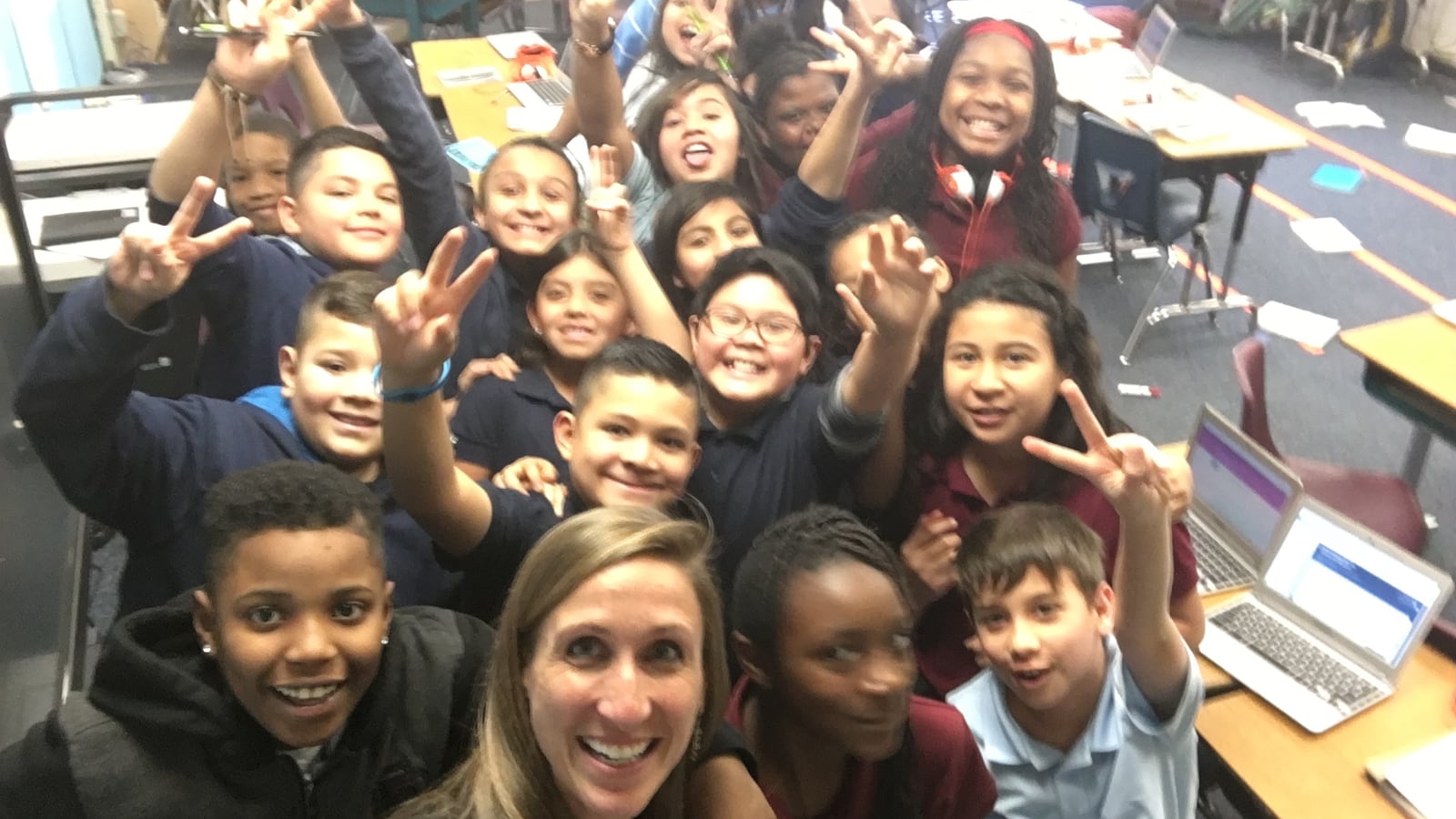 Goodall with a fifth grade class that won one of McGlone’s character awards.