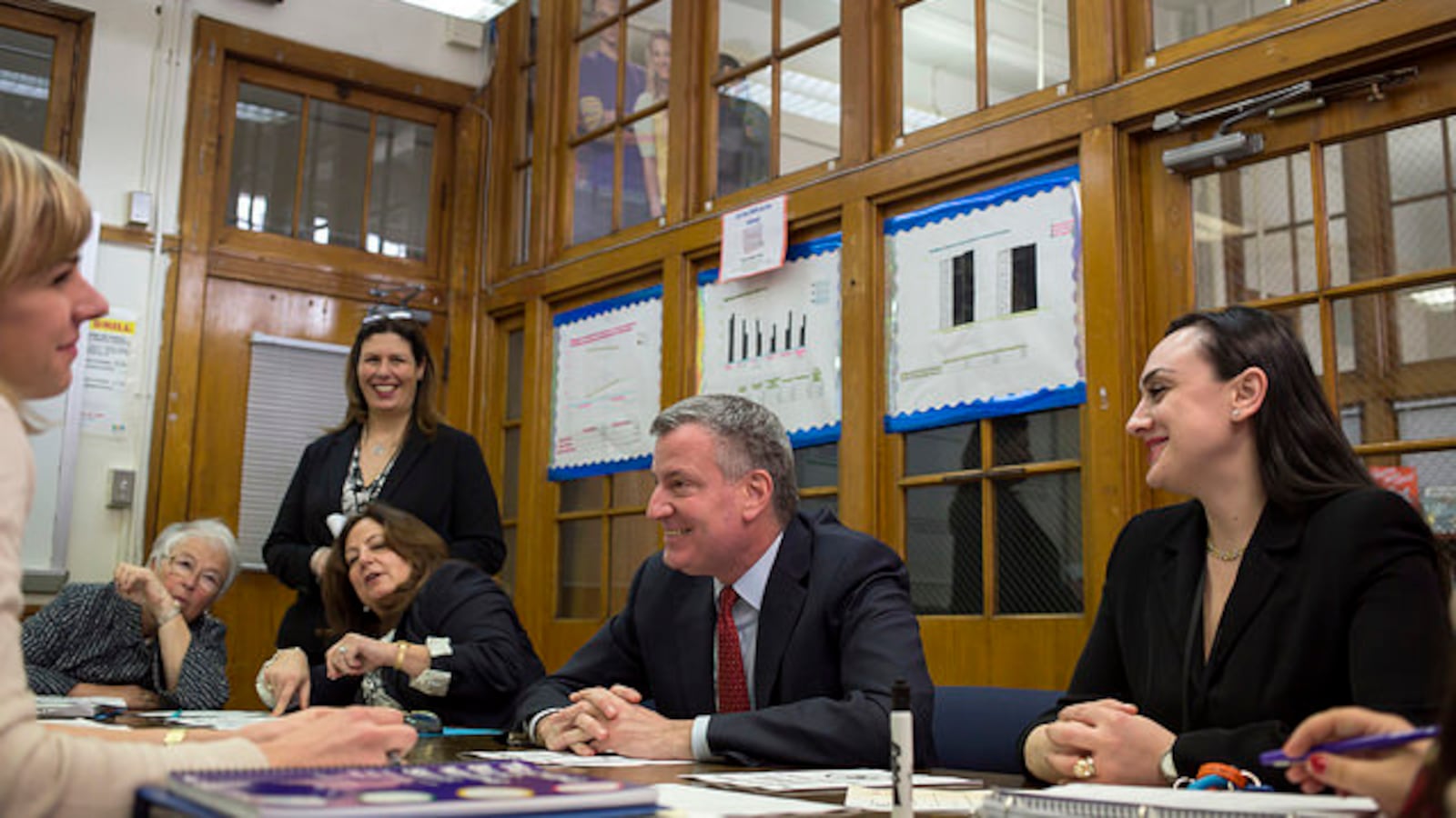 Mayor Bill de Blasio meets with faculty at Automotive High School, one of only two Renewal Schools where staff are required to reapply for their positions. Credit: Ed Reed/Mayoral Photography Office.