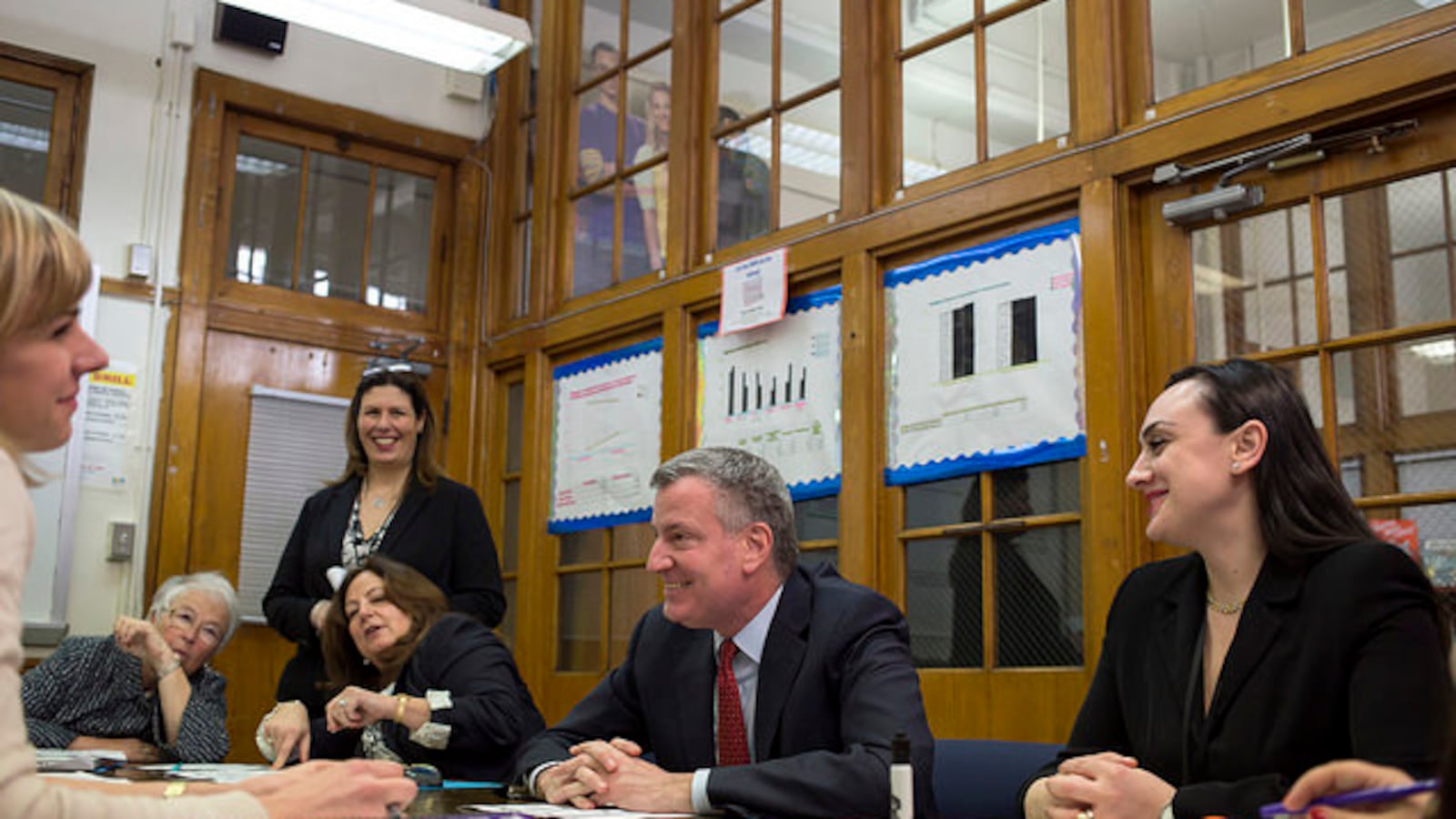 Mayor Bill de Blasio meets with faculty at Automotive High School, one of only two Renewal Schools where staff are required to reapply for their positions. Credit: Ed Reed/Mayoral Photography Office.