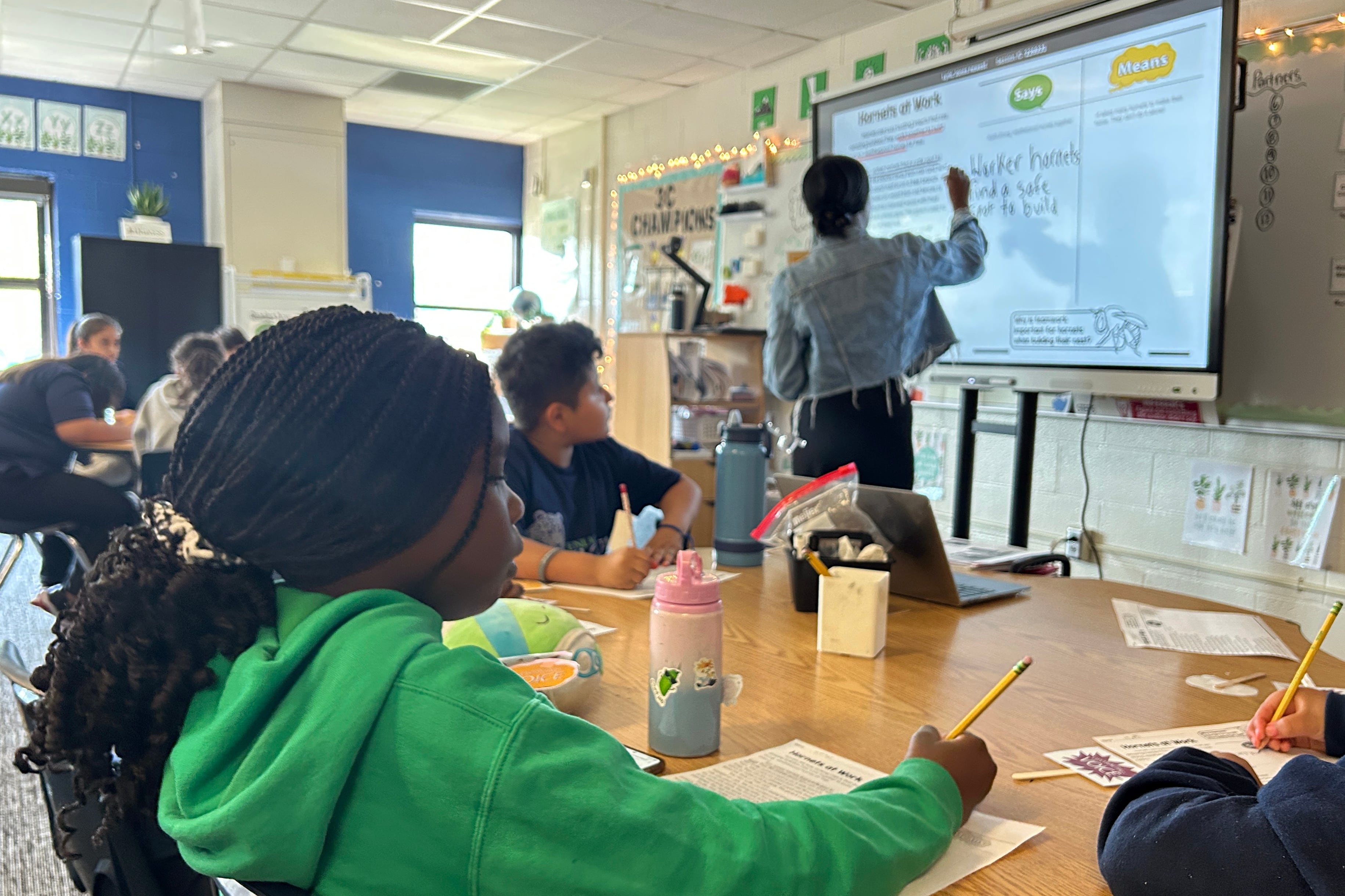 A photograph of an elementary class in a classroom.