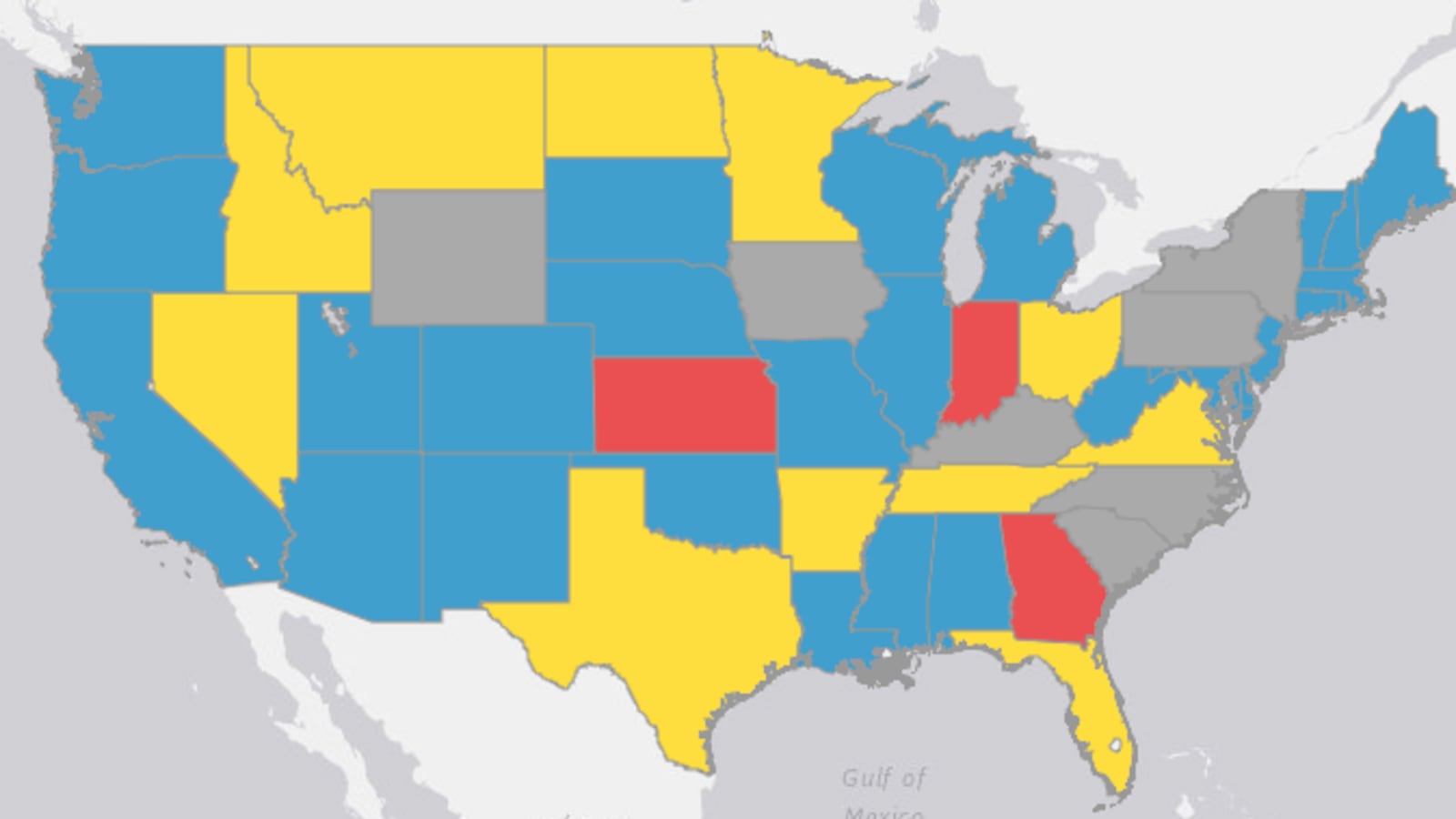 A map in a new report shows which states have suffered glitches during their transition to online testing. Yellow signifies glitches like the ones Tennessee faced.