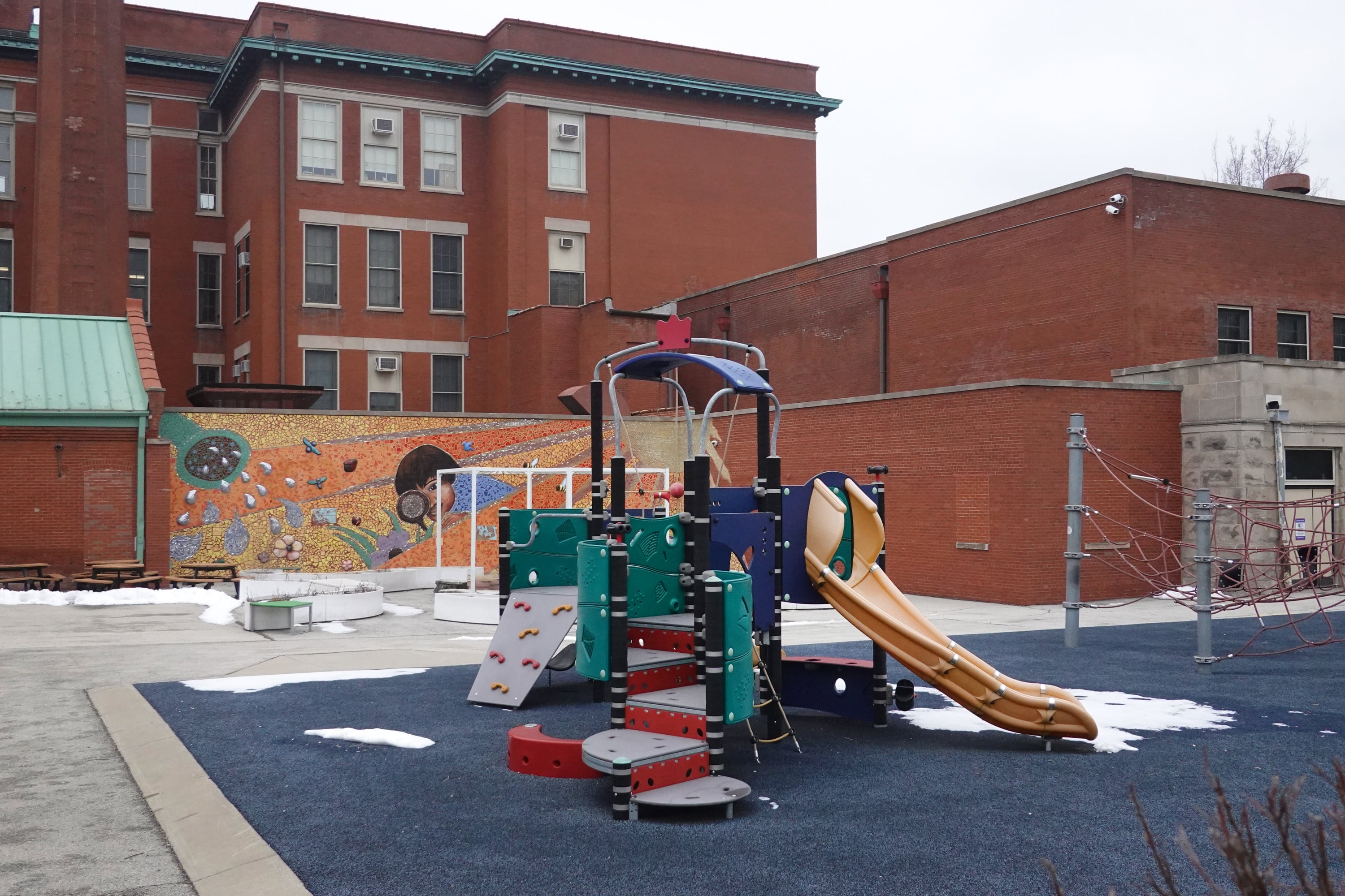 CHICAGO, ILLINOIS - JANUARY 25: Unused playground equipment sits outside of Burr Elementary School on January 25, 2021 in Chicago, Illinois. Chicago Public School teachers were scheduled to return to the classroom for in-person learning today, but the union objected and voted to continue remote learning. (Photo by Scott Olson/Getty Images)