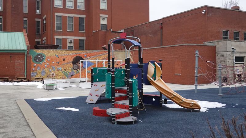CHICAGO, ILLINOIS - JANUARY 25: Unused playground equipment sits outside of Burr Elementary School on January 25, 2021 in Chicago, Illinois. Chicago Public School teachers were scheduled to return to the classroom for in-person learning today, but the union objected and voted to continue remote learning. (Photo by Scott Olson/Getty Images)