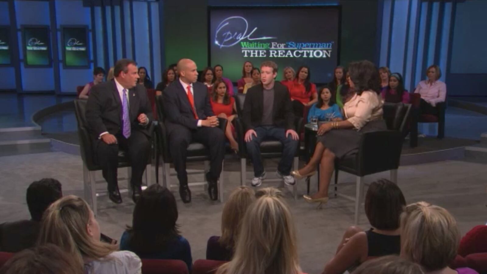 Oprah Winfrey, right, hosted N.J. Gov. Chris Christie, Newark Mayor Cory Booker, and Facebook founder Mark Zuckerberg when Zuckerberg announced a $100 million gift to Newark schools in 2010.