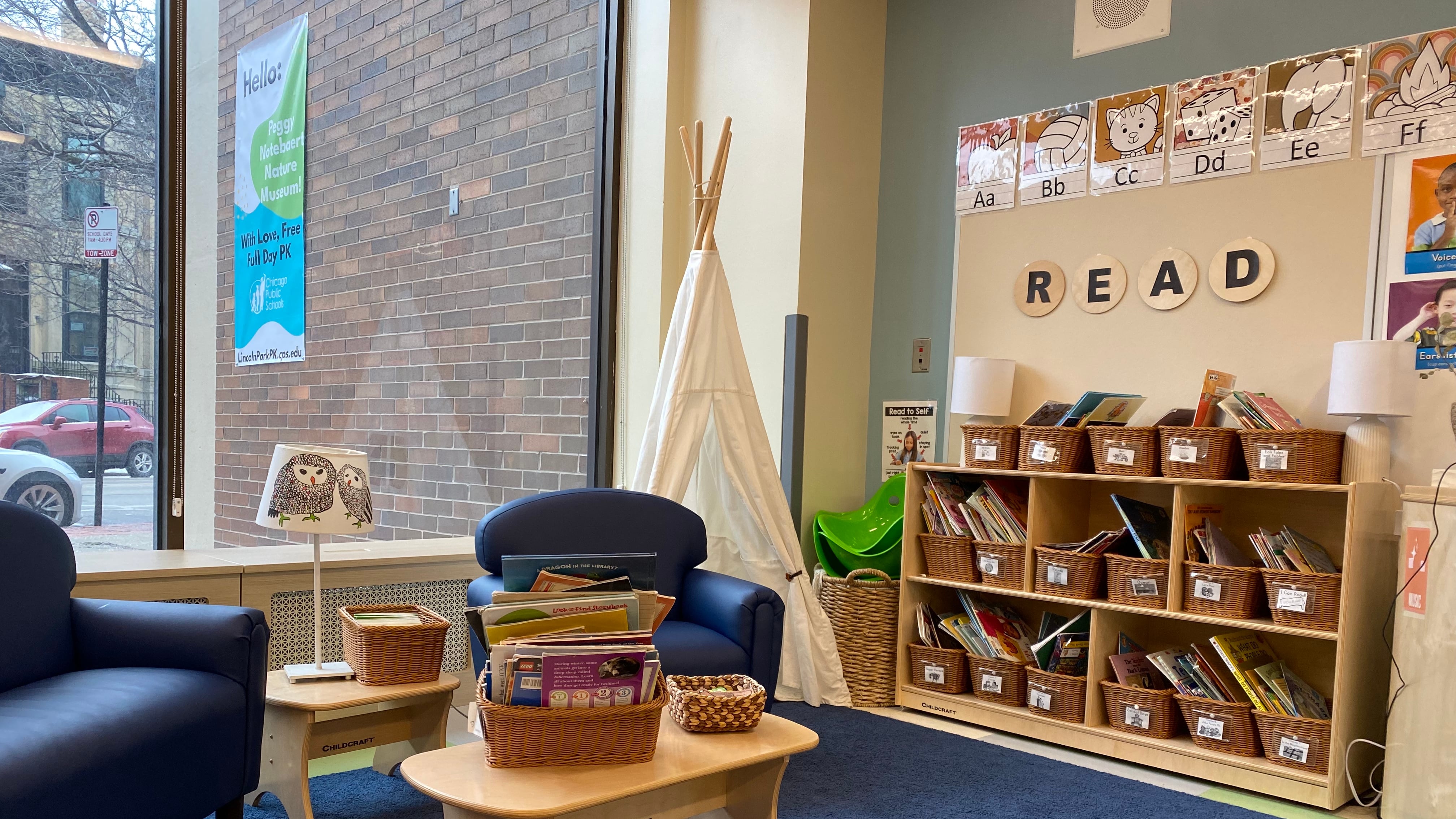 A reading nook in a preschool classroom in Chicago.