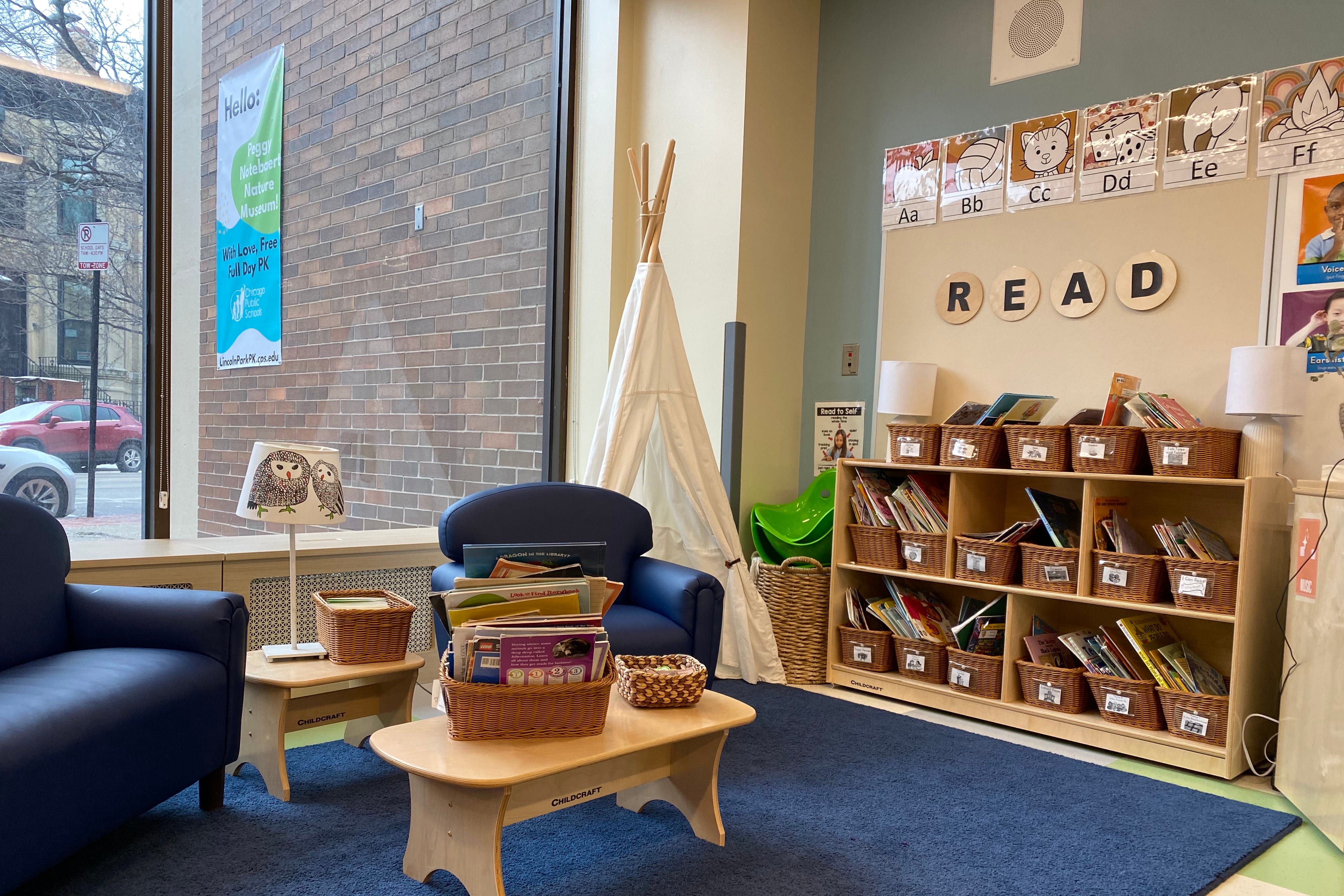 A reading nook in a preschool classroom in Chicago.