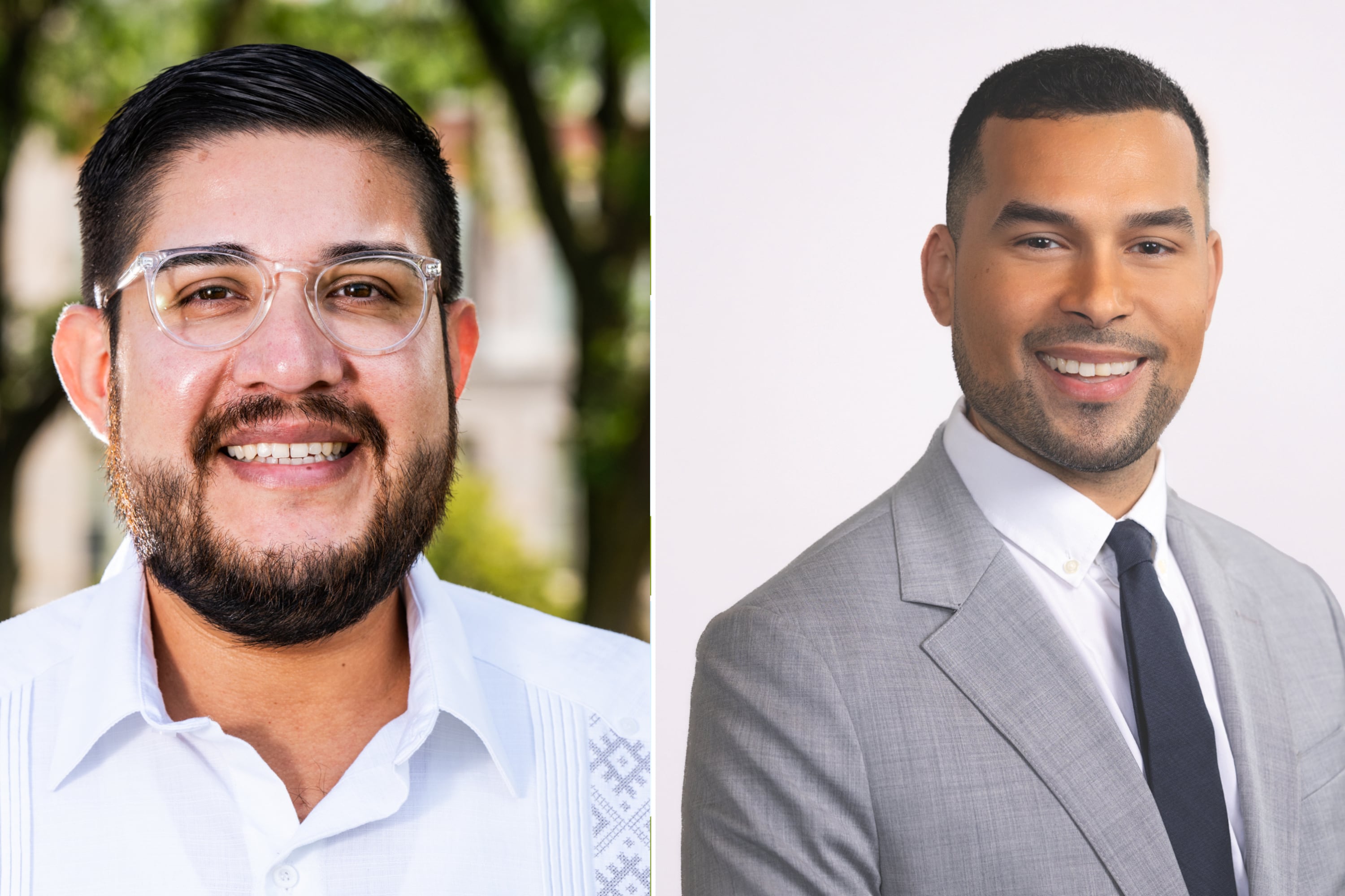 A collage including a portrait of a man in glasses and a white shirt and a portrait of a man in a gray suit jacket.