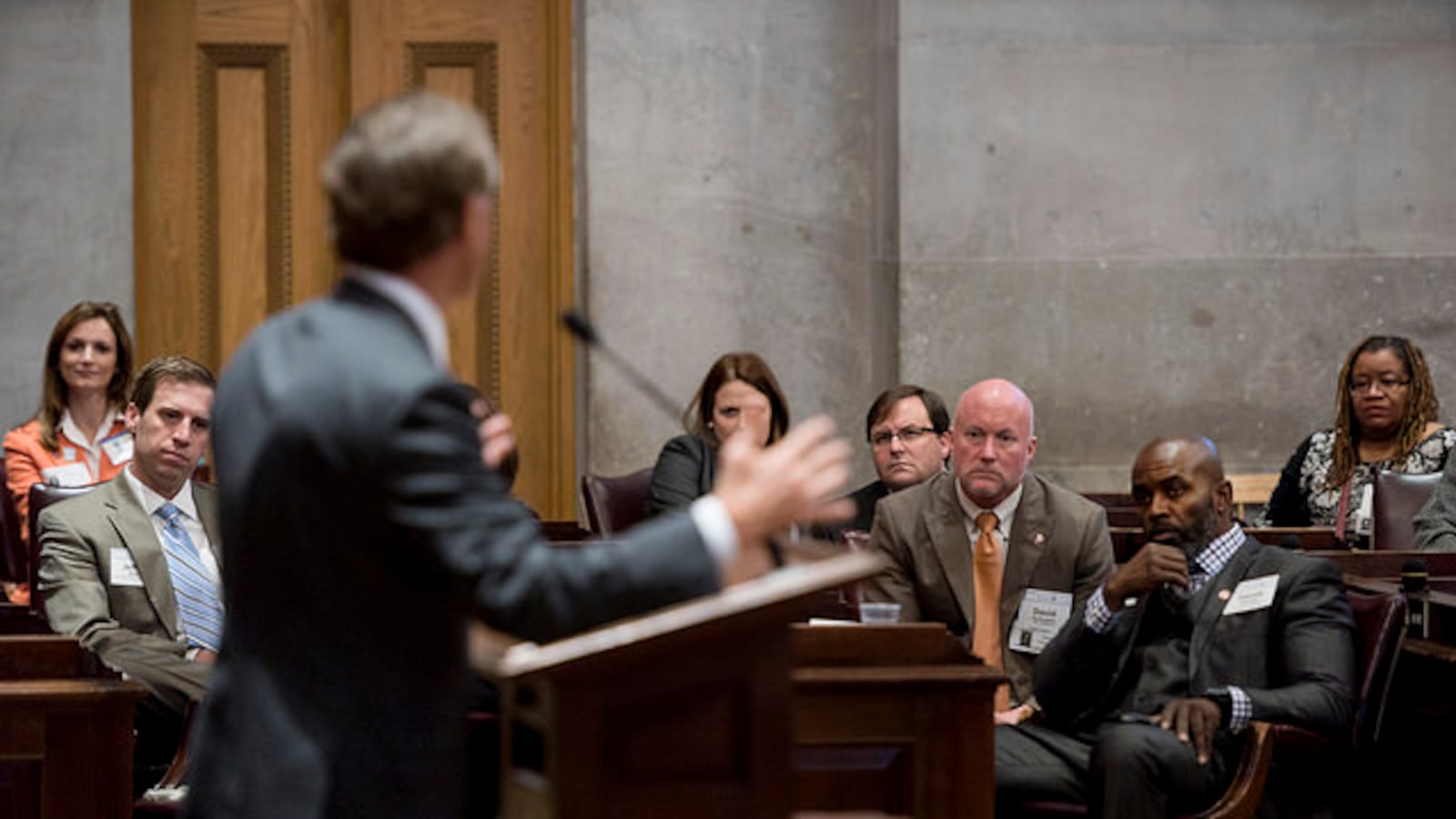 Gov. Bill Haslam speaks earlier this month to constituents from Chattanooga, home of the Hamilton County Board of Education, which sued the state Tuesday with six other school districts for underfunding education in Tennessee.
